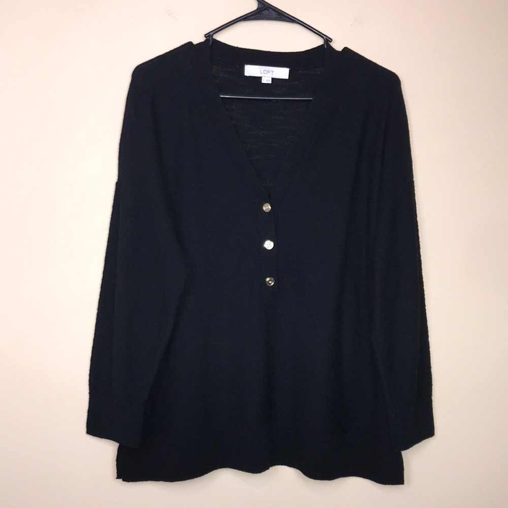 LOFT Women’s Black Knit Henley Gold-Colored Buttons Long Sleeve Shirt